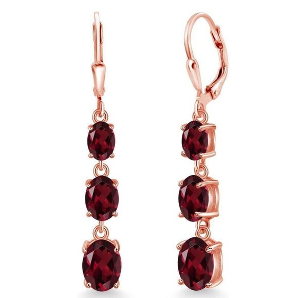 18K Rose Gold with 5.50 Cttw 3 Stone Rhodolite Garnet Leverback Drop Earrings - Picture 1 of 5